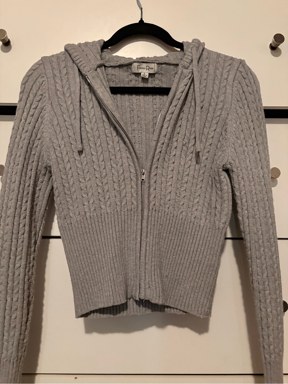 Faded Glory Light Gray Cable-Knit Zip Hoodie Cardigan